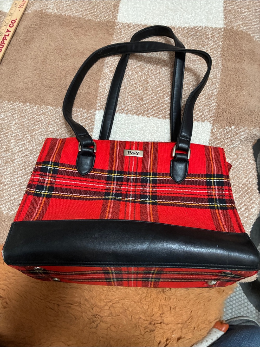 Red Tartan Tote Bag with Black Trim